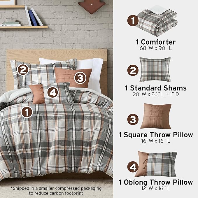 Intelligent Design Twin Comforter Set Plaid Classic Cabin Lodge Comforter Twin Size, Modern Casual, Lightweight All Season Bedding Set Twin, Sham, Décor Pillows, Blake, Twin/Twin XL, Tan/Gray 4 Piece - LeafyLoom