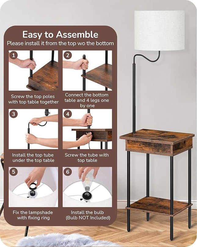 EDISHINE Floor Lamp with Table, Side Nightstand Light with 1 Drawer and 1 Shelf, Bedside Shelf Floor Lamp, Small End Table with Reading Lamp for Living Room Bedroom, Den - LeafyLoom