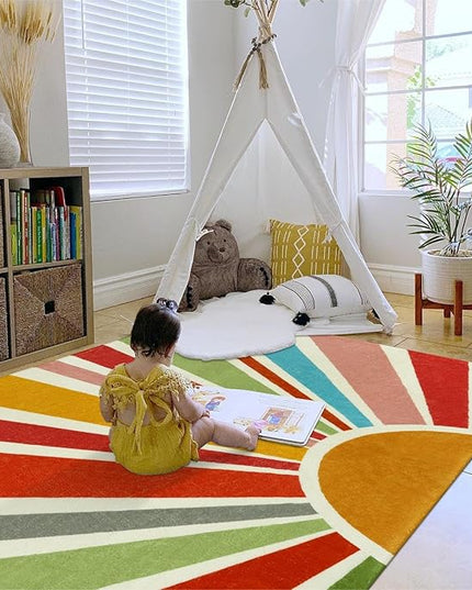 Kids Rugs for Playroom 5'x7' Rug, Boho Washable Area Rug for Kids Room, Rainbow Kids Nursery Rug Non-Slip Sunshine Carpet Soft Colorful Rug for Classroom Office Dining Room - LeafyLoom