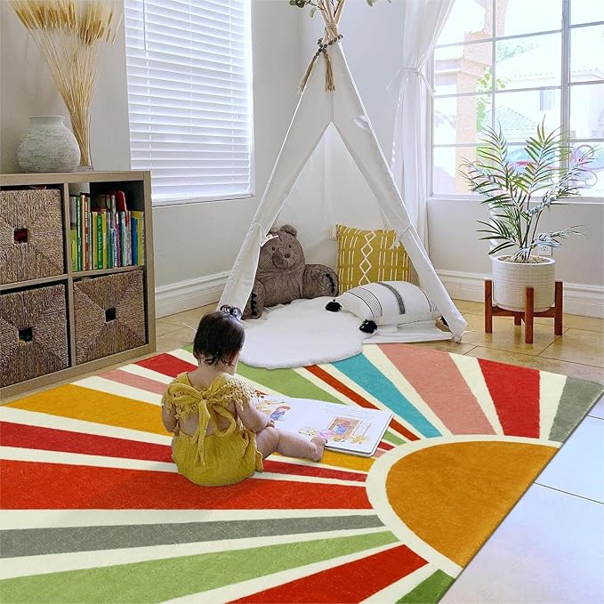 Kids Rugs for Playroom 5'x7' Rug, Boho Washable Area Rug for Kids Room, Rainbow Kids Nursery Rug Non-Slip Sunshine Carpet Soft Colorful Rug for Classroom Office Dining Room - LeafyLoom