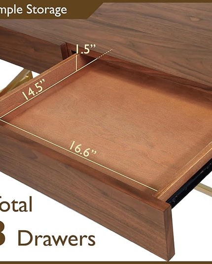 Lizon Modern 60 Inch Wood Desk with Drawers, Office Table with Storage, Vanity Without Mirror for Bedroom, Study Room, Dorm, 60-inch, Light Walnut Brown and Gold - LeafyLoom
