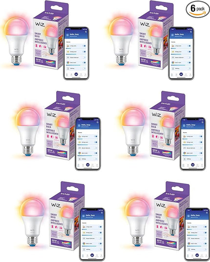 WiZ 60W A19 Color LED Smart Bulb - Pack of 6 - E26- Indoor - Connects to Your Existing Wi-Fi - Control with Voice or App + Activate with Motion - Matter Compatible WiZConnectedLighting