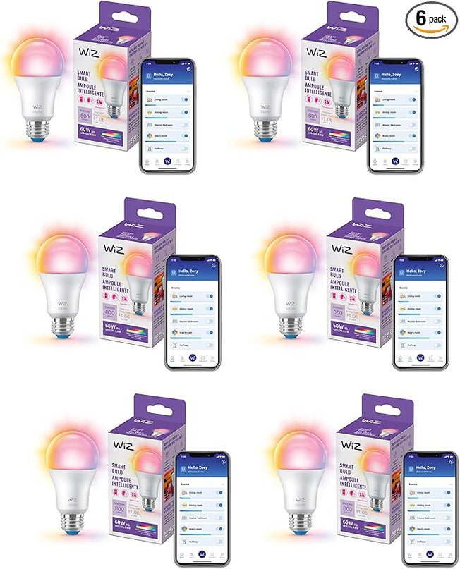 WiZ 60W A19 Color LED Smart Bulb - Pack of 6 - E26- Indoor - Connects to Your Existing Wi-Fi - Control with Voice or App + Activate with Motion - Matter Compatible WiZConnectedLighting