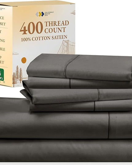California Design Den 6-Pc Queen Size Sheet Set with 4 Pillowcases - 400 Thread Count 100% Cotton Sheets, Cooling Sateen Weave, Luxury Deep Pocket Bedsheets Set - Grey - LeafyLoom