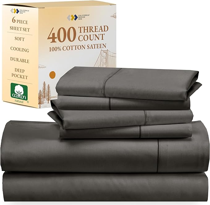 California Design Den 6-Pc Queen Size Sheet Set with 4 Pillowcases - 400 Thread Count 100% Cotton Sheets, Cooling Sateen Weave, Luxury Deep Pocket Bedsheets Set - Grey - LeafyLoom