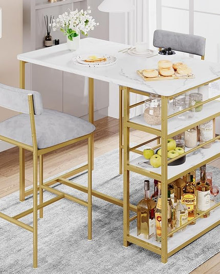 Dining Table Set for 2, Kitchen Table and Velvet Upholstered Chairs for 2, 3 Piece Counter Height Bar Table Set with 3 Large Storage Shelves for Small Space, Apartment, Gray and Gold White - LeafyLoom