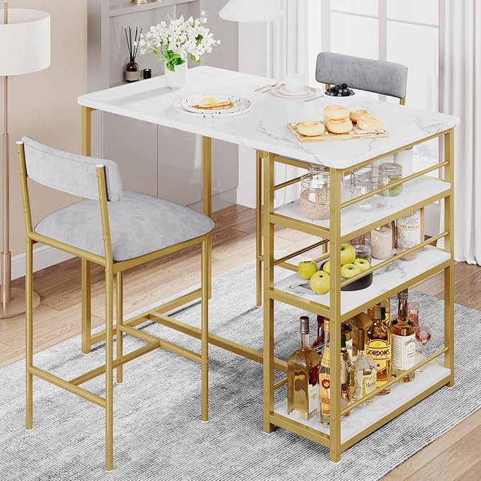 Dining Table Set for 2, Kitchen Table and Velvet Upholstered Chairs for 2, 3 Piece Counter Height Bar Table Set with 3 Large Storage Shelves for Small Space, Apartment, Gray and Gold White - LeafyLoom