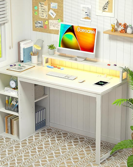 White Computer Desk with LED Lights and Power Outlets 39.4 inch Home Office Desk with Storage Shelves, Small Writing Desk with Monitor Stand for Bedroom, Workstation - LeafyLoom