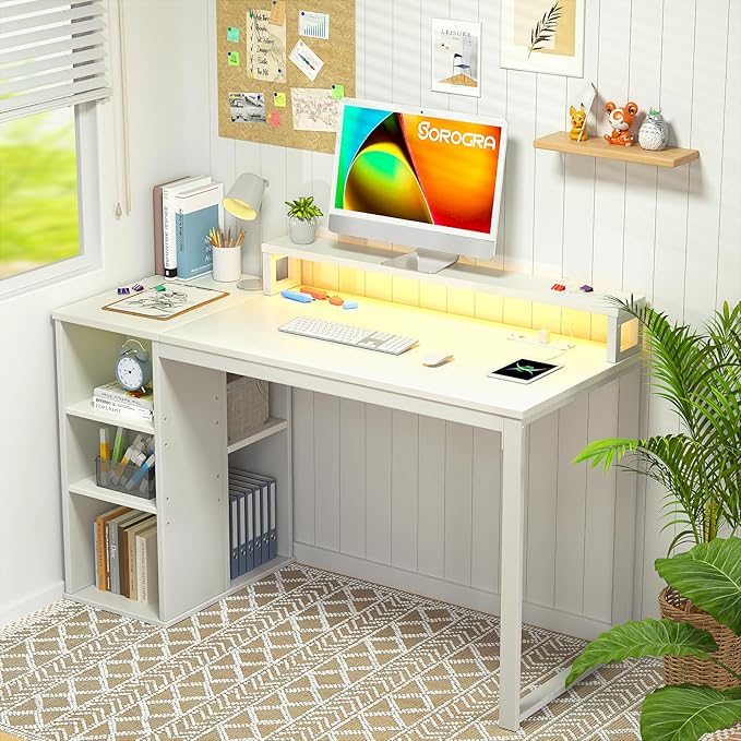 White Computer Desk with LED Lights and Power Outlets 47 inch Home Office Desk with Storage Shelves, Small Writing Desk with Monitor Stand for Bedroom, Workstation - LeafyLoom