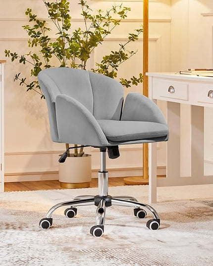 Yaheetech Cute Velvet Desk Chair for Home Office, Makeup Vanity Chair with Armrests for Bedroom Modern Swivel Rolling Chair for Women Light Gray - LeafyLoom