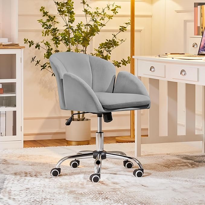 Yaheetech Cute Velvet Desk Chair for Home Office, Makeup Vanity Chair with Armrests for Bedroom Modern Swivel Rolling Chair for Women Light Gray - LeafyLoom
