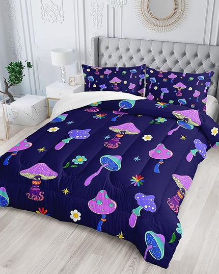 Colorful Mushroom Comforter Set Twin Size Kids Trippy Mushroom Bedding Set Hippy Star Eye Theme Quilt Bed Set for Boys Girls Adults with 1 Comforter and 2 Pillowcases - LeafyLoom