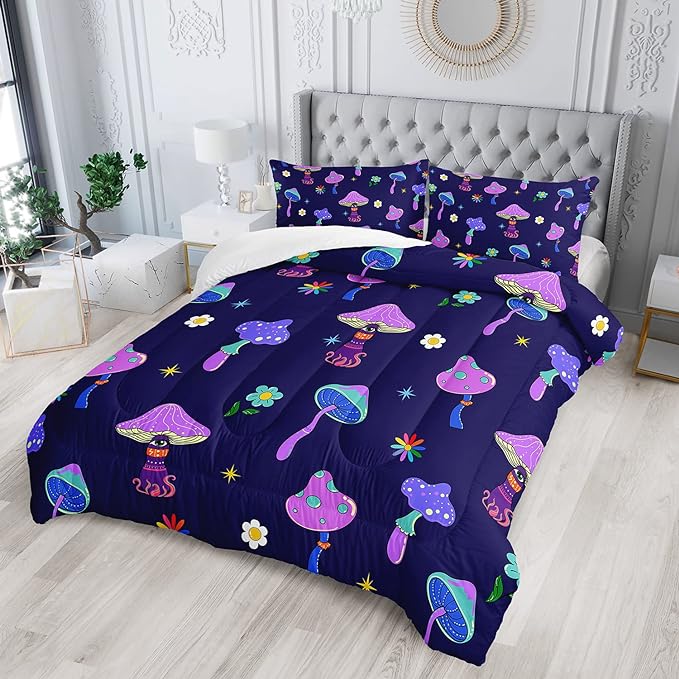 Colorful Mushroom Comforter Set Twin Size Kids Trippy Mushroom Bedding Set Hippy Star Eye Theme Quilt Bed Set for Boys Girls Adults with 1 Comforter and 2 Pillowcases - LeafyLoom