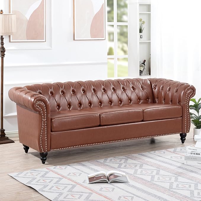 3-Seaters Living Room Clasic Chesterfield Sofa Couch Button Tufted PU Leather Upholstered Sofa&Couch with Luxury Roller Armrest Soild Wood Legs Movable Cushions & Nailhead Decor - LeafyLoom