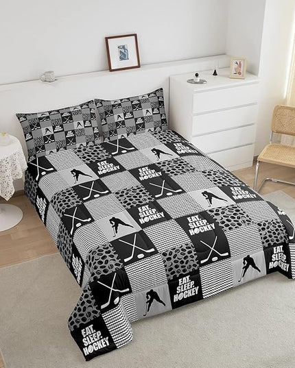 Ice Hockey Comforter Sets for Boys girls Twin Black White Grey Winter Sports Games Down Comforter Kids Teen Room Decor,Player Bedding Set Geometric Checkered Stripes Quilt Duvet 1 Pillow Case - LeafyLoom