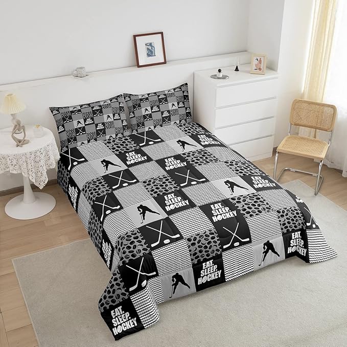 Ice Hockey Comforter Sets for Boys girls Twin Black White Grey Winter Sports Games Down Comforter Kids Teen Room Decor,Player Bedding Set Geometric Checkered Stripes Quilt Duvet 1 Pillow Case - LeafyLoom