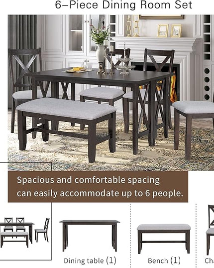 Dining Table Set for 6, 6-Piece Foldable Dining Room Set, Solid Wood Foldable Table and 4 Chairs with Bench for Dining Room, Living Room, Espresso - LeafyLoom