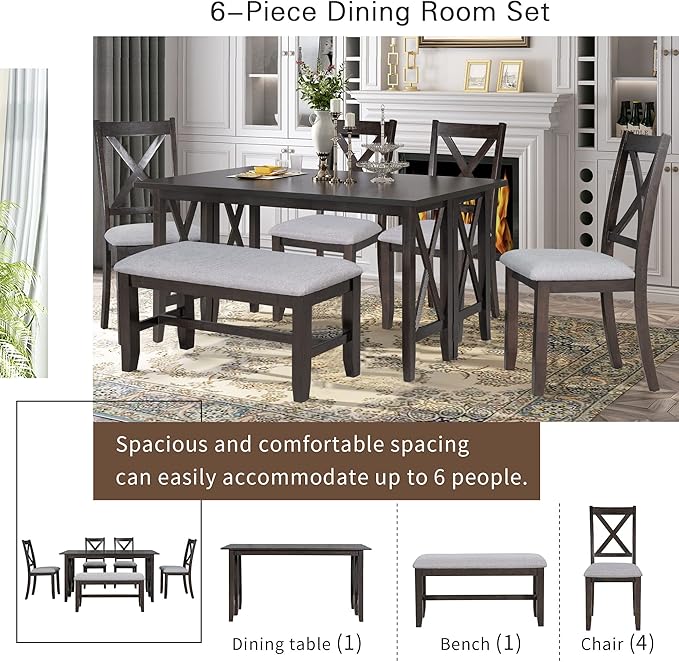 Dining Table Set for 6, 6-Piece Foldable Dining Room Set, Solid Wood Foldable Table and 4 Chairs with Bench for Dining Room, Living Room, Espresso - LeafyLoom