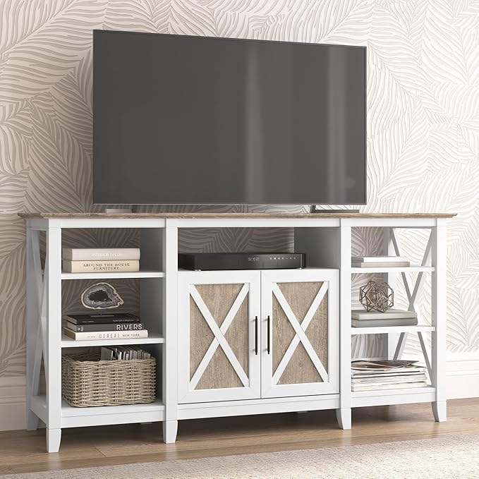 Bush KWV160G2W-03 Key West Tall TV Stand, Shiplap Gray/Pure White, Screens up to 65-Inch - LeafyLoom