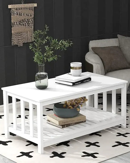 TaoHFE White Modern Coffee Table with Storage Shelf 2-Tier Living Room Table Rectangular Center Table 40 Inch Wooden Coffee Tables for Living Room Furniture for Living Room, Meeting Room, Office - LeafyLoom
