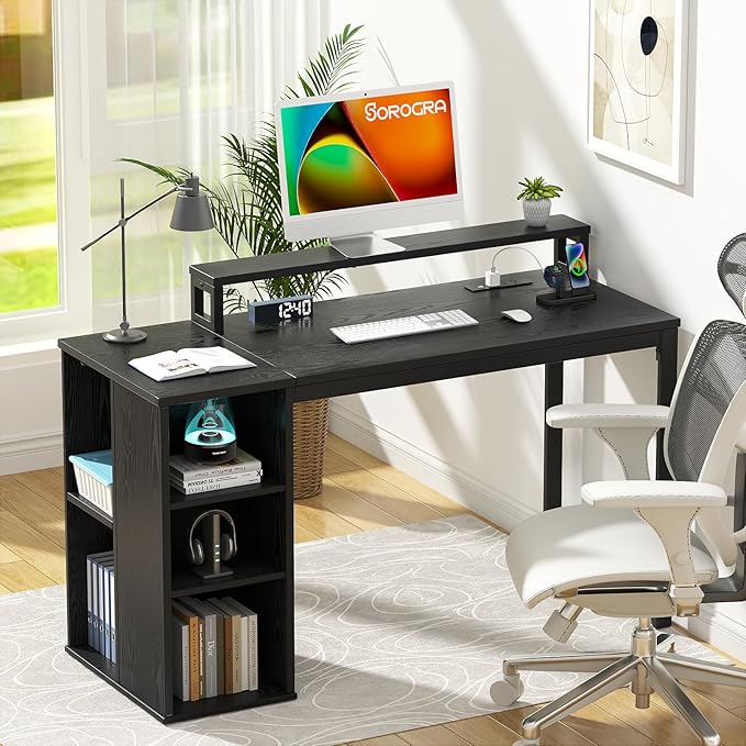 Computer Desk with LED Lights and Power Outlets 47 inch Gaming Desk with Storage Shelves, Small Home Office Desk with Monitor Stand for Bedroom,Workstation, Black - LeafyLoom