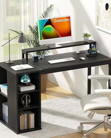 Small Computer Desk with LED Lights 39.4 inch Gaming Desk with Power Outlets and Storage Shelves, Home Office Desk with Monitor Stand for Bedroom, Workstation, Black - LeafyLoom