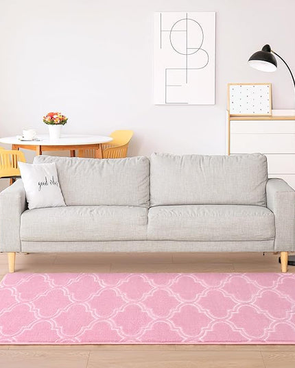 Chicrug Shag Geometric Modern Runner Rug for Bedroom, 2x6 Feet Memory Foam Indoor Hallway Runner Carpet, Fluffy Rug for Living Room Bedside Room Decor for Family, Pink/White - LeafyLoom