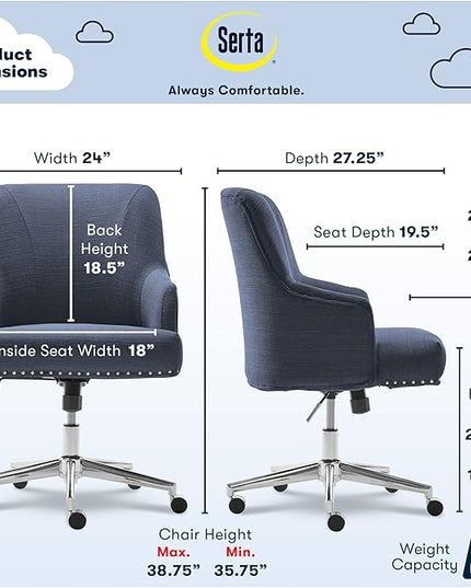 Serta Leighton Modern Office Chair, Stylish Mid-Back Desk Chair, Rivet Detail, Serta Quality Memory Foam, Armchair with Wheels, Vanity Chair, Swivel Chrome Metal Base, Twill Fabric, Blue - LeafyLoom