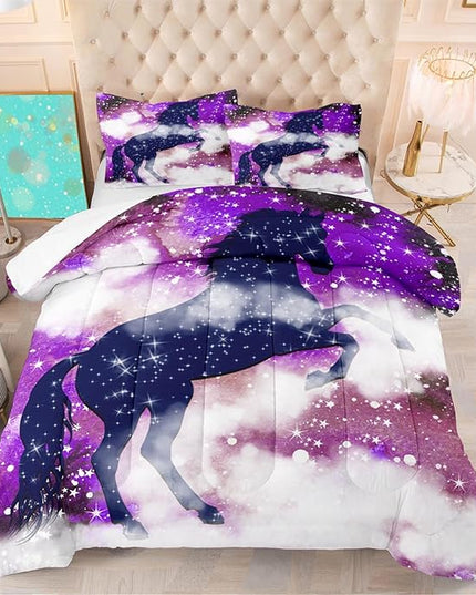Galaxy Horse Comforter Set for Girls Purple Twin Bedding Set Magic Cloud Horse Bed Set Twin Size Bedroom Fashion 2 Piece Quilt Set, All Season 2 Piece 1 Twin Comforter + 1 Pillowcase - LeafyLoom