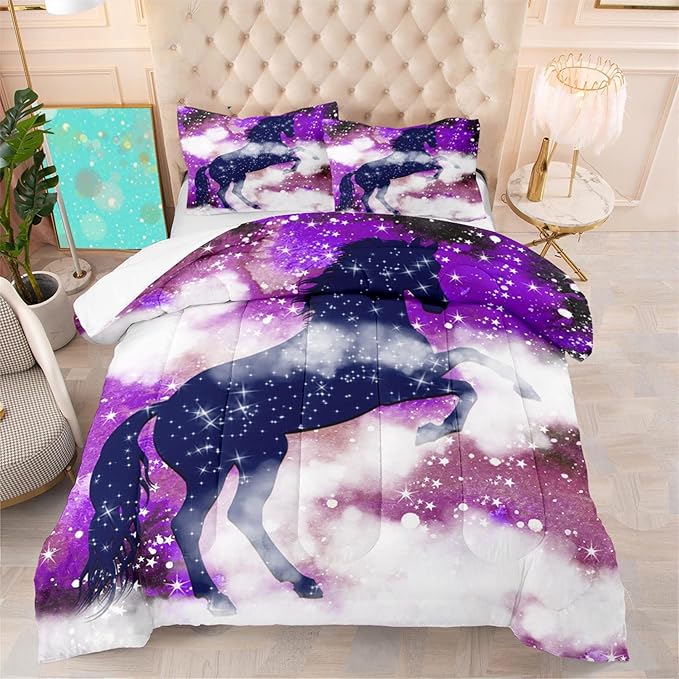 Horse Comforter Full Size Girls Full Bedding Set Purple Galaxy Bed Set Purple Starry Stars Soft Durable Quilt, 3 Piece Full Comforter Set 1 Full Comforter + 2 Pillowcases - LeafyLoom