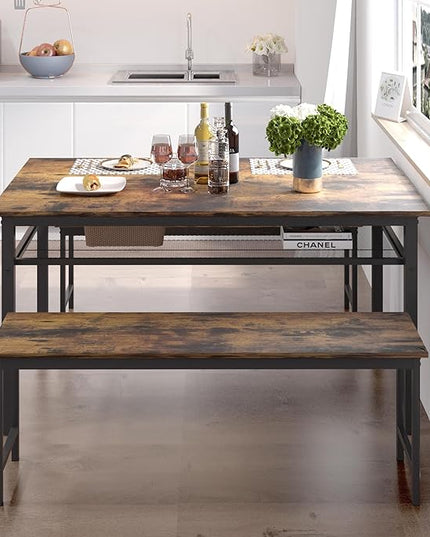 NicBex Kitchen Table Set Breakfast Nook Table Set 3 Pieces Farmhouse Kitchen Table Set with 2 Benches for Dining Room Farmhouse Office, Metal Frame and MDF Board, Brown - LeafyLoom