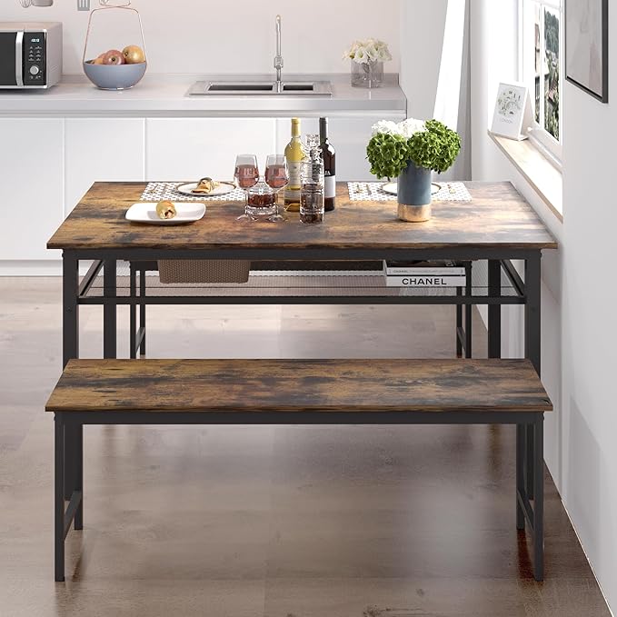 NicBex Kitchen Table Set Breakfast Nook Table Set 3 Pieces Farmhouse Kitchen Table Set with 2 Benches for Dining Room Farmhouse Office, Metal Frame and MDF Board, Brown - LeafyLoom