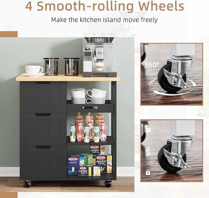 Shintenchi Kitchen Island Cart with Storage,Rolling Kitchen Island Storage Cabinet,Side Table on Wheels with Worktop,3 Open Shelves and 3 Drawers for Kitchen,Dinning Room, Black - LeafyLoom
