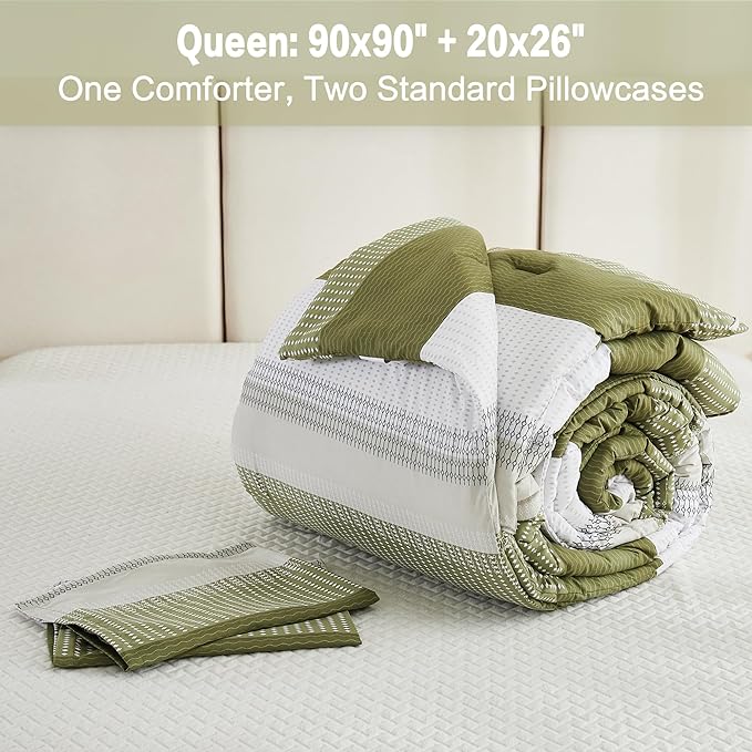 Litanika Olive Green Comforter Set Queen - 3 Pieces Lightweight Olive Green White Colorblock Stripe Fluffy Bedding Comforter Sets, All Season Bed Set - LeafyLoom