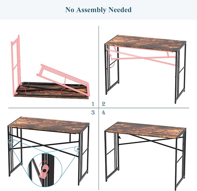 EMODA 40 inch Folding Desk No Assembly Needed Home Office Desk Study Writing Gaming Computer Table, Rustic Brown - LeafyLoom