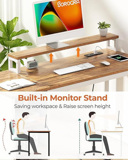 Small Computer Desk with LED Lights and Power Outlets 39.4 inch Home Office Desk with Storage Shelves, Writing Desk with Monitor Stand for Bedroom,Workstation, Walnut - LeafyLoom
