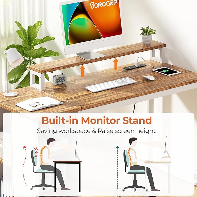 Small Computer Desk with LED Lights and Power Outlets 39.4 inch Home Office Desk with Storage Shelves, Writing Desk with Monitor Stand for Bedroom,Workstation, Walnut - LeafyLoom
