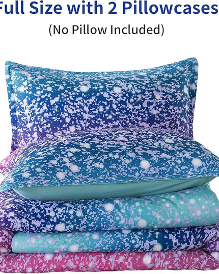Litanika Galaxy Comforter Twin(66x90lnch), 3 Pieces(1 Blue Glitter Ombre Comforter, 2 Pillowcases), 3D Colorful Rainbow Bedding Set, Microfiber Comforter Set for Kid Boy Girl Teen - LeafyLoom
