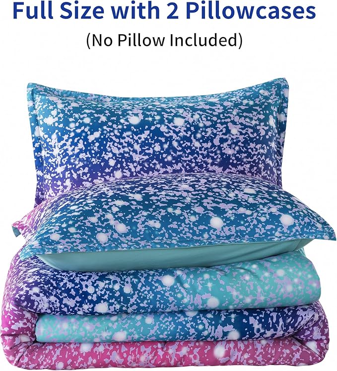 Litanika Galaxy Comforter Twin(66x90lnch), 3 Pieces(1 Blue Glitter Ombre Comforter, 2 Pillowcases), 3D Colorful Rainbow Bedding Set, Microfiber Comforter Set for Kid Boy Girl Teen - LeafyLoom
