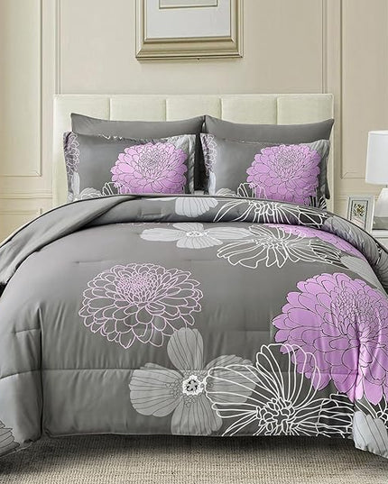 Yiran King Size Comforter Set Grey Purple Comforter Floral Bedding Comforter Set 7 Pieces Soft Microfiber Bed Set for All Seasons 103"×90" - LeafyLoom