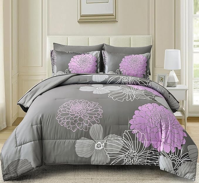 Yiran King Size Comforter Set Grey Purple Comforter Floral Bedding Comforter Set 7 Pieces Soft Microfiber Bed Set for All Seasons 103"×90" - LeafyLoom