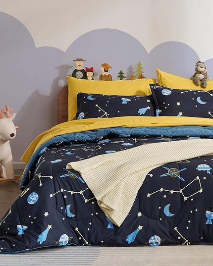 SLEEP ZONE Kids Bedding Comforter Set Full/Queen Size - Super Cute & Soft Kids Bedding 7 Pieces Set with Comforter, Sheet, Pillowcase & Sham (Navy Galaxy) - LeafyLoom