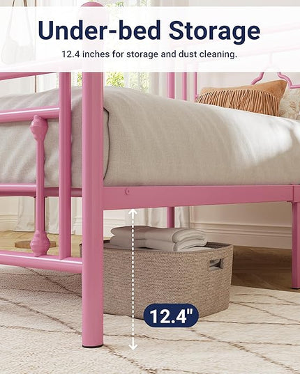 Allewie Twin Size Metal Platform Bed Frame with Victorian Vintage Headboard and Footboard/Mattress Foundation/Under Bed Storage/No Box Spring Needed/Noise-Free/Easy Assembly, Pink - LeafyLoom