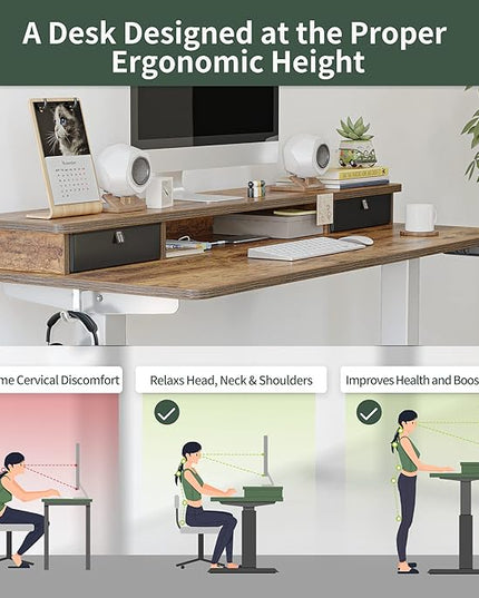 FEZIBO 60 x 24 Inch Height Adjustable Electric Standing Desk with Double Drawer, Stand Up Desk with Storage Shelf, Sit Stand Desk, Light Rustic - LeafyLoom