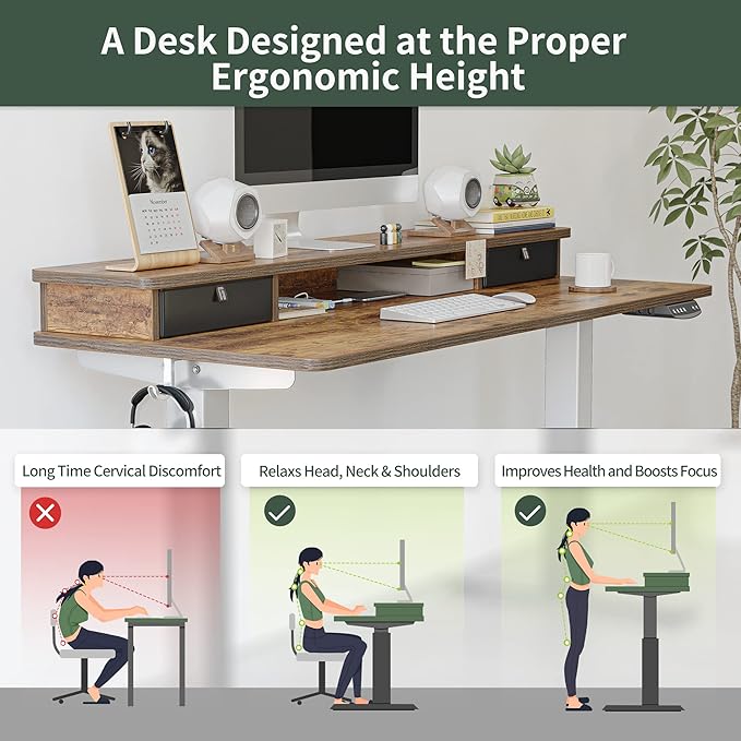FEZIBO 60 x 24 Inch Height Adjustable Electric Standing Desk with Double Drawer, Stand Up Desk with Storage Shelf, Sit Stand Desk, Light Rustic - LeafyLoom