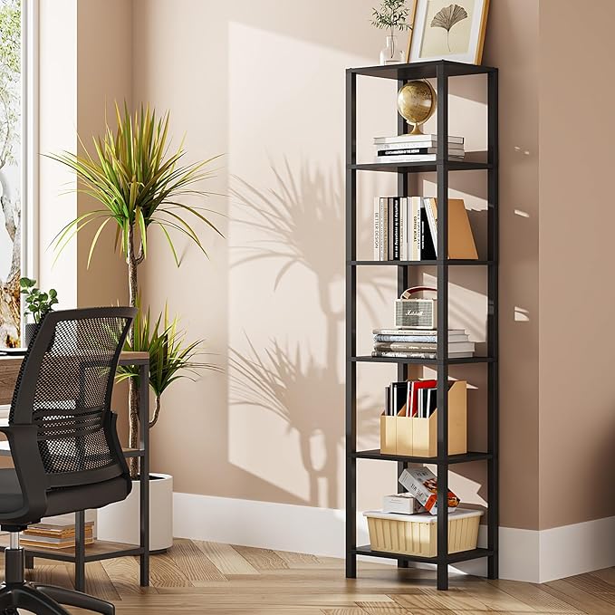 TUTOTAK Bookshelf, 6-Tier Tall Book Shelf, Narrow Bookcase for Small Space, DIY Stackable Bookshelf, for Living Room, Office, Study, Entryway, Industrial, Black BS01BK006 - LeafyLoom
