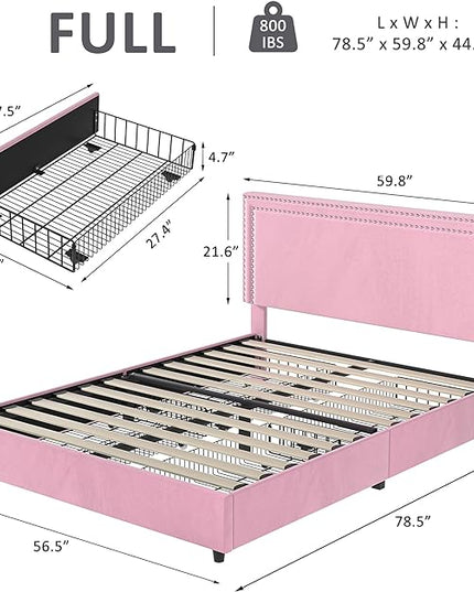 VECELO Full Size Upholstered Platform Bed Frame with 4 Storage Drawers, Adjustable Velvet Rivets Headboard, Wooden Slats Support, No Box Spring Needed, Easy Assembly - LeafyLoom