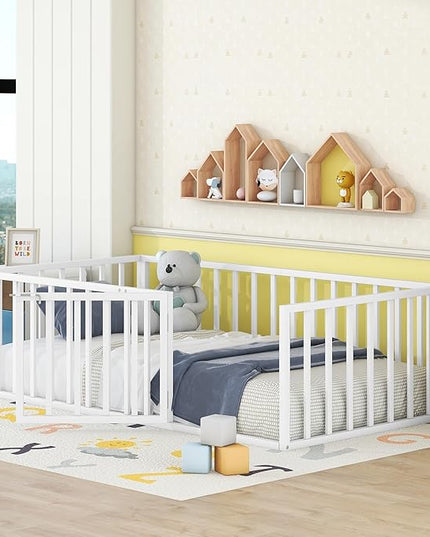 RITSU Twin Size Metal Floor Fence Bed, Montessori Bedframe, with Safety Guardrail and Door, for Children Bedroom, Boys Girls, Apartment, Strong & Durable, Easy to Assemble, White - LeafyLoom