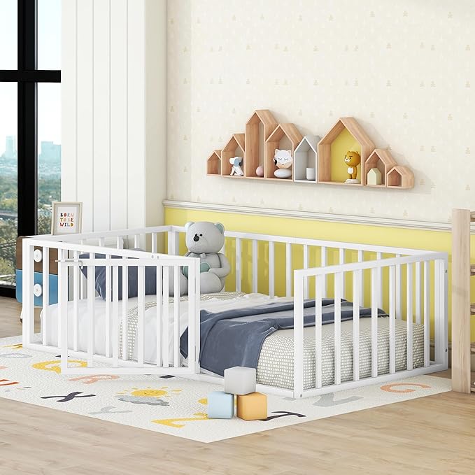 RITSU Twin Size Metal Floor Fence Bed, Montessori Bedframe, with Safety Guardrail and Door, for Children Bedroom, Boys Girls, Apartment, Strong & Durable, Easy to Assemble, White - LeafyLoom