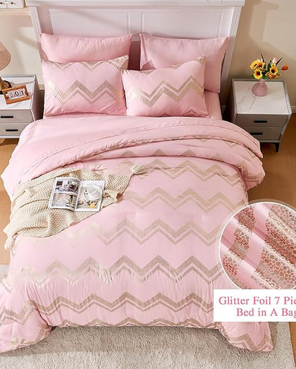 Wowelife 6 Pieces Pink Twin/Twin XL Comforter Set for Girls Kids Twin Bedding Sets Gold Glitter Foil Bed in A Bag with Comforter, Flat Sheet, Fitted Sheet, 2 Pillow Shams and 1 Pillowcase - LeafyLoom